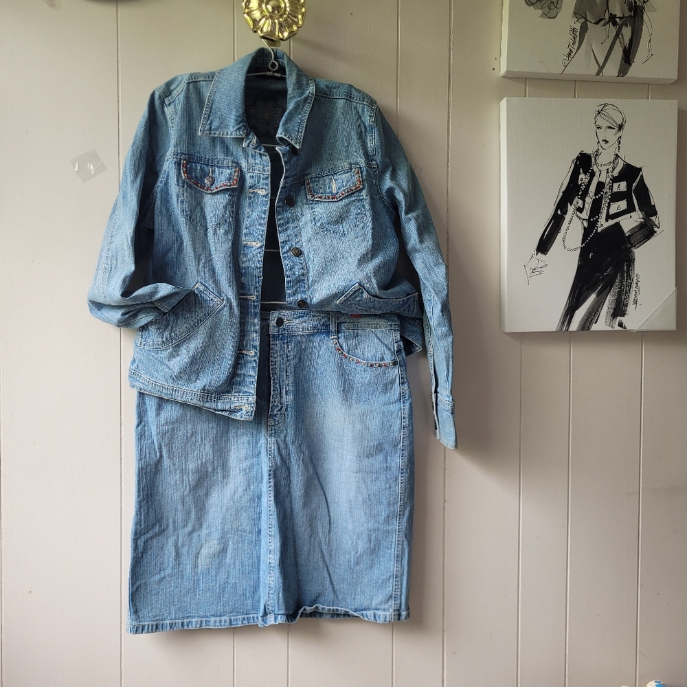 Vintage Denver Hayes Jean Jacket and Skirt Set Beaded Light Wash